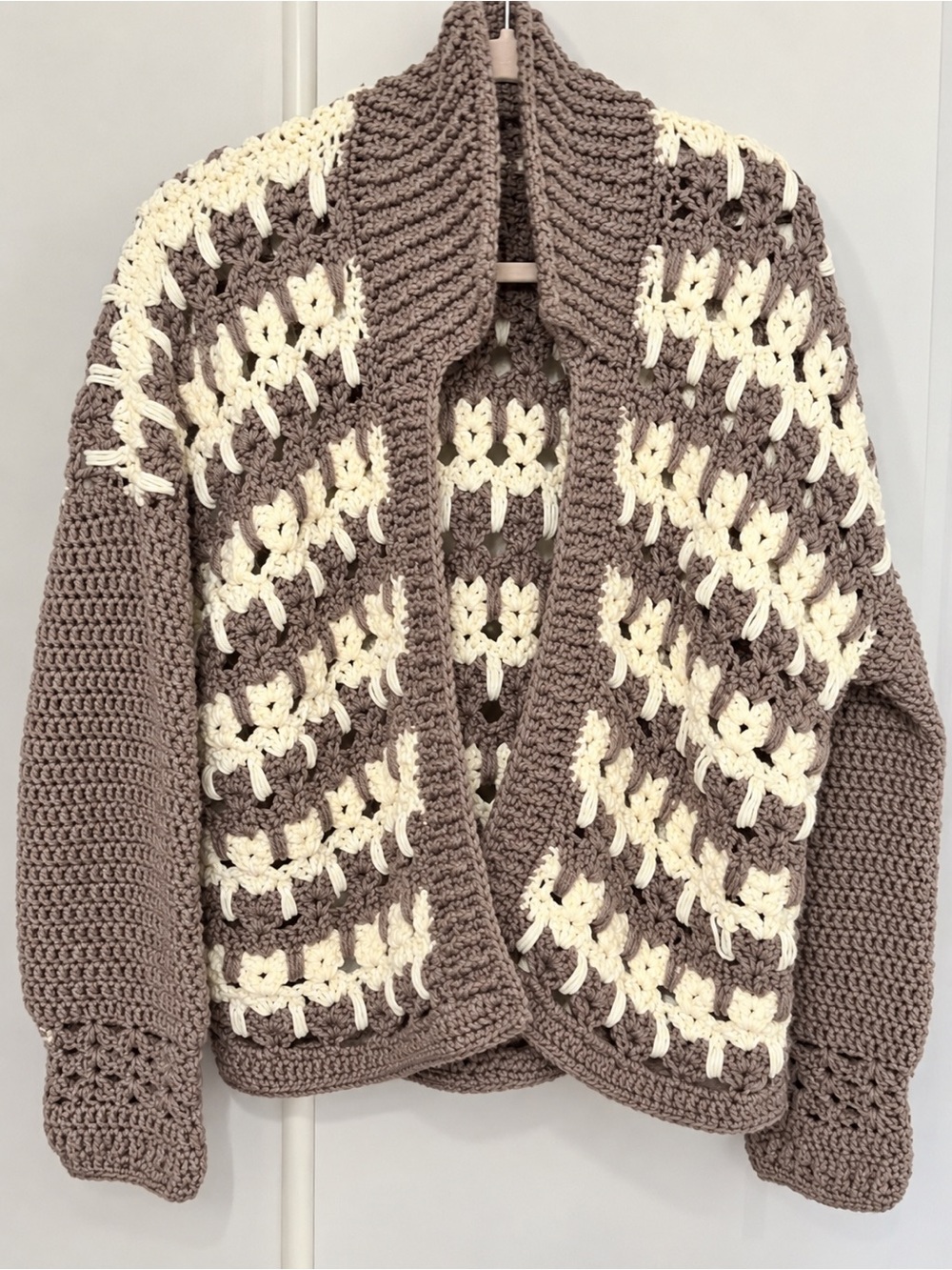 Open-Front Crochet Cardigan in Taupe and Cream
